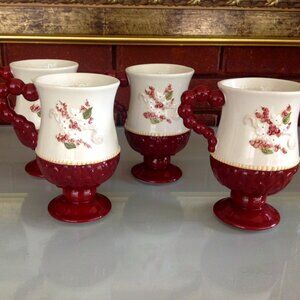 Set of 4 Burgundy & Cream Pedestal Ceramic Bead Handle Mugs